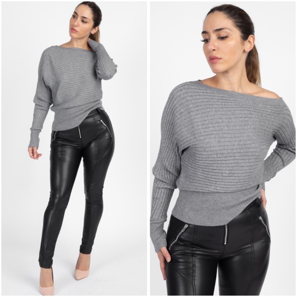 Gray one shoulder ribbed sweater - Picture 1 of 6